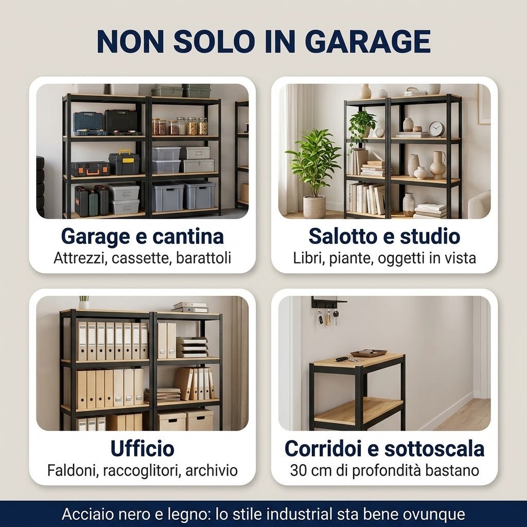 Scaffale Industrial 4 Ripiani 75x30x150 cm – Acciaio Nero e MDF Effetto Legno – Montaggio a Incastro Senza Viti – Portata 100 kg per Ripiano – Tasselli Inclusi – Garage, Casa, Ufficio - Lemag srl