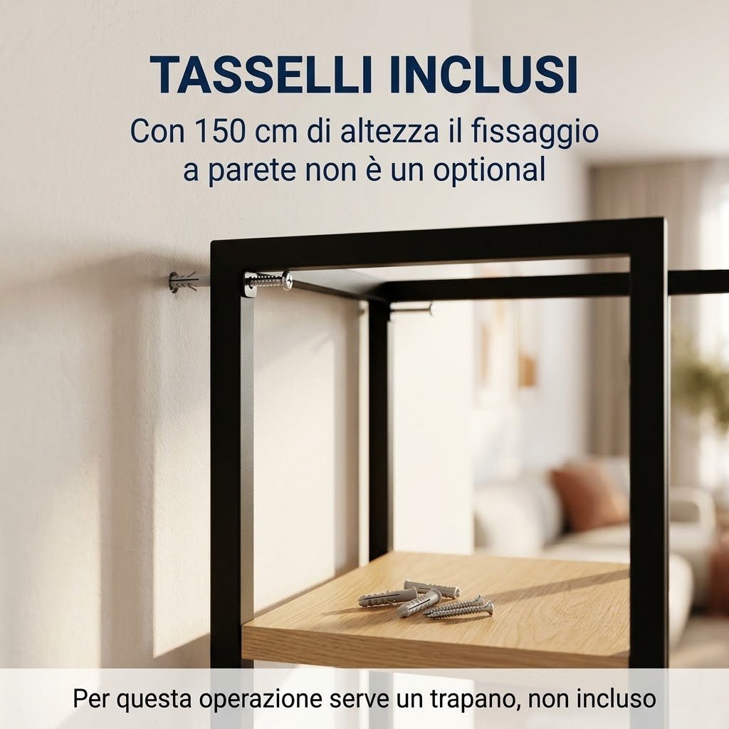 Installazione scaffale industriale 4 ripiani 150 cm con tasselli inclusi per fissaggio a parete.