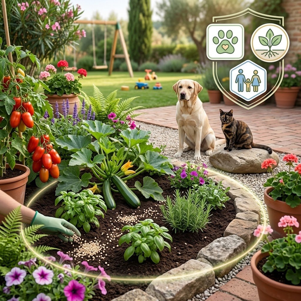 Applicazione di disabituante cani e gatti granulare nell'orto per proteggere piante e fiori da animali domestici.