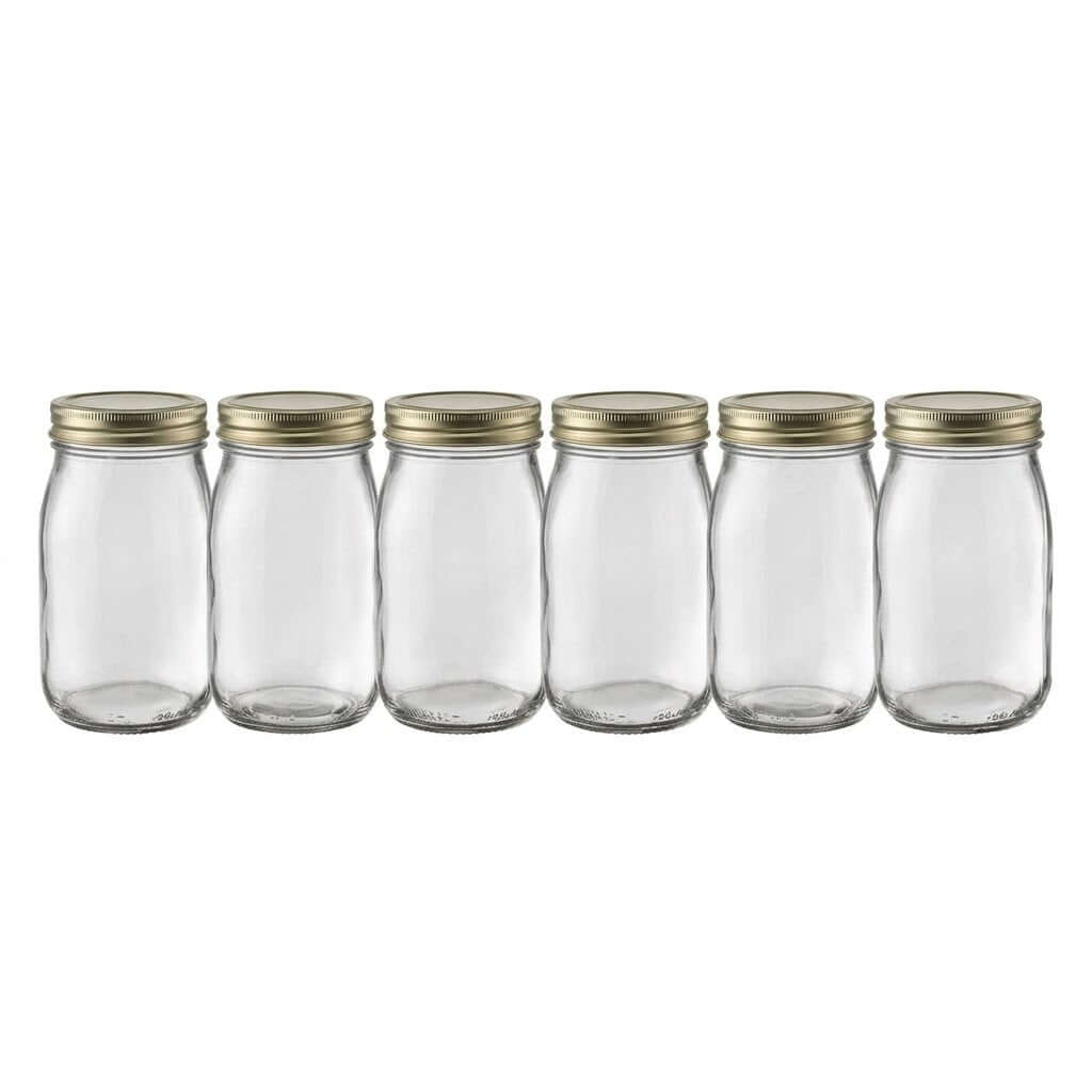 Set di 6 vasi in vetro per conserve Lemag da 314 cc con tappo dorato twist-off per confetture e sughi.